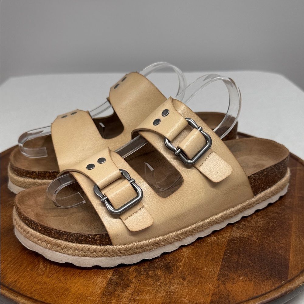 Time and Tru Sandals Wm 9.5 Tan Leather Two Strap Slides Cork Espadrille Buckles
